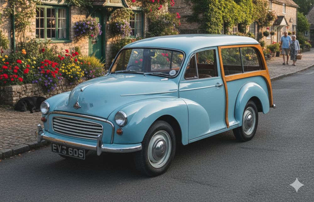 A blue Morris Minor with a wooden frame in an English village street