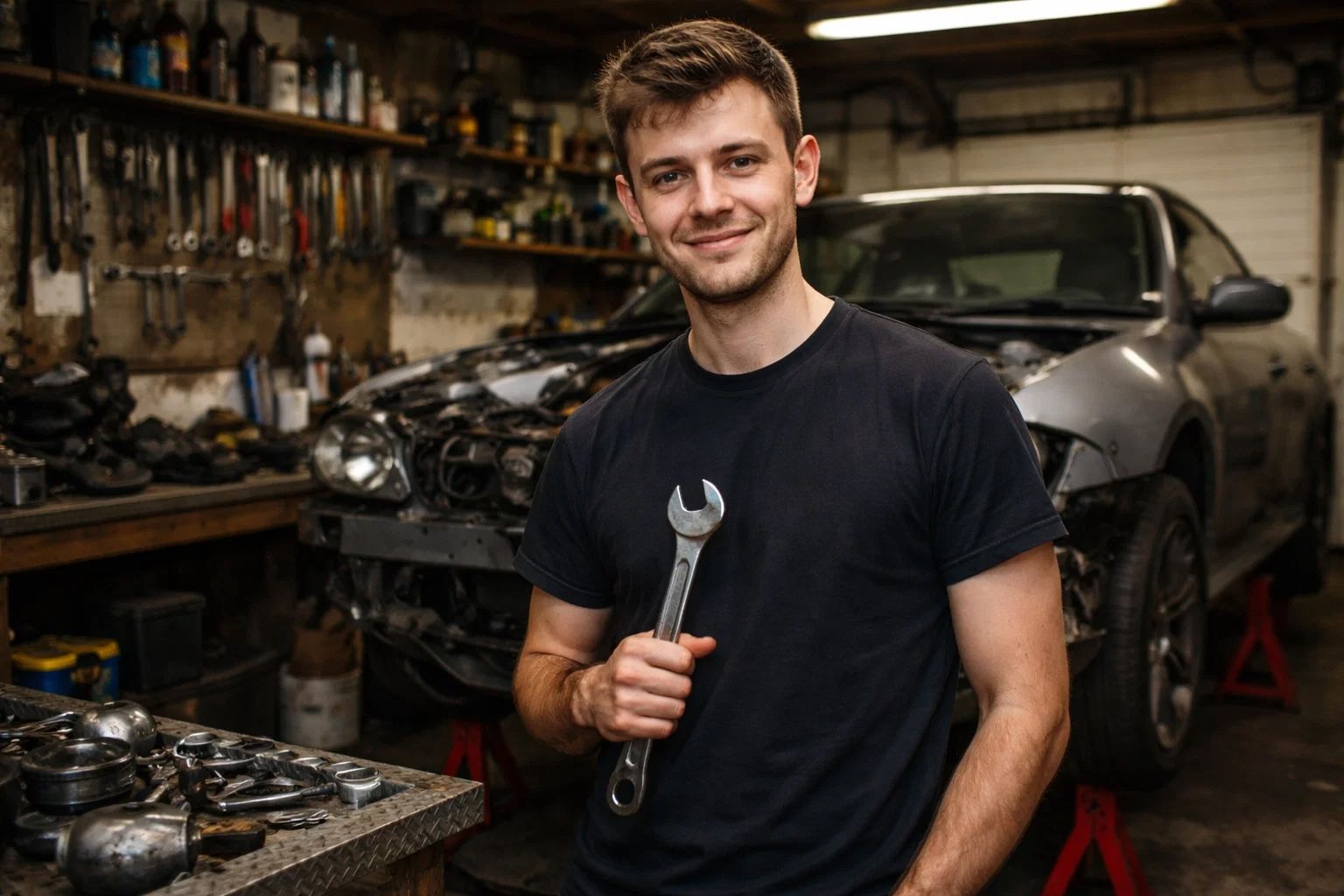 Graphic showing a car owner wondering how to sell a car for parts.