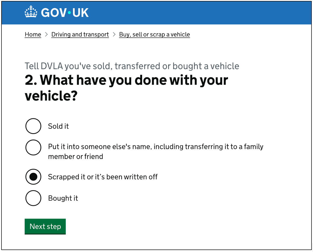 Image showing gov.uk page where car owners have to notify DVLA if they buy, sell, or scrap a vehicle.