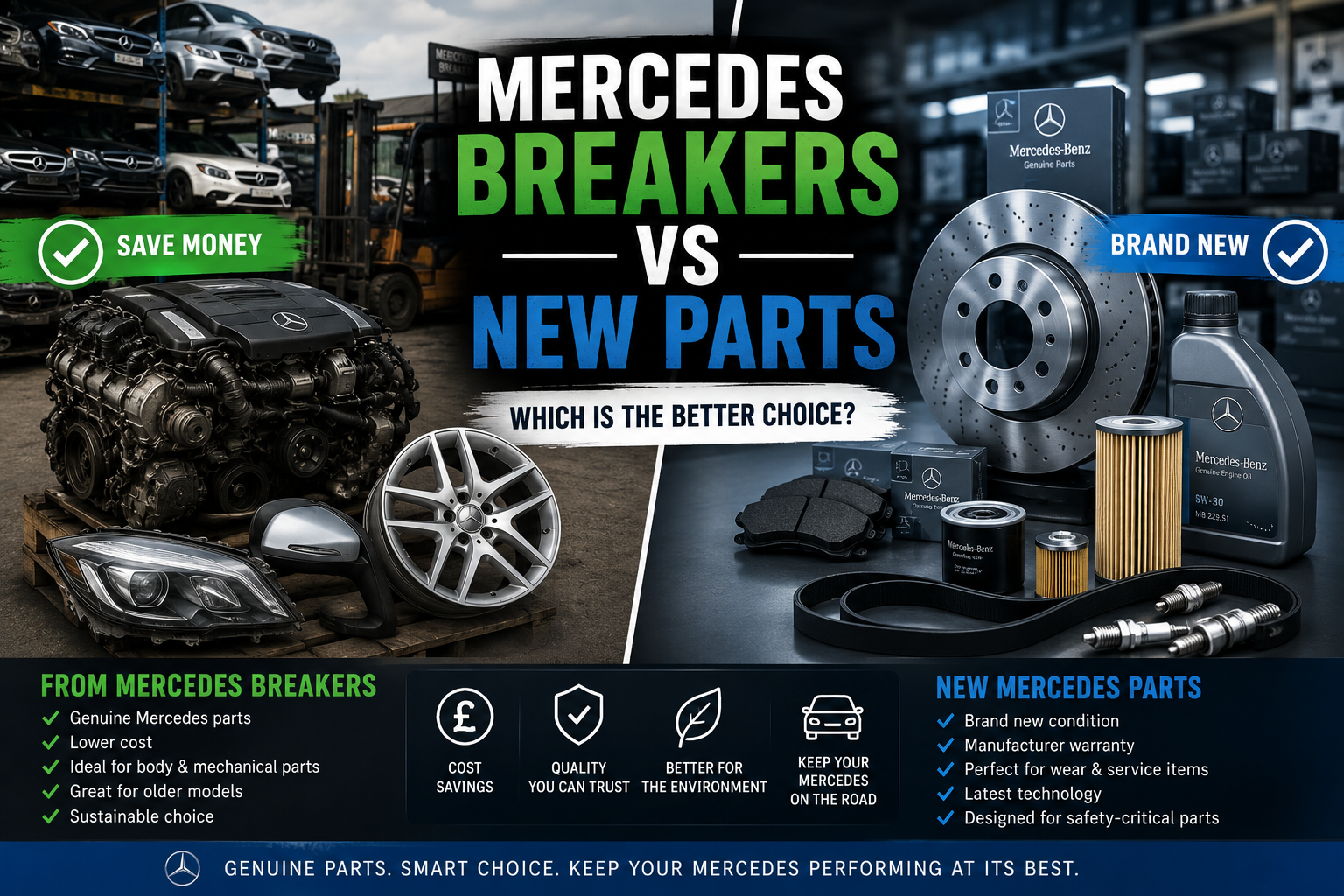 Comparison between buying genuine used Mercedes-Benz parts from UK Mercedes breakers and purchasing new Mercedes parts, including engines, headlights, alloy wheels, brake components and service items.