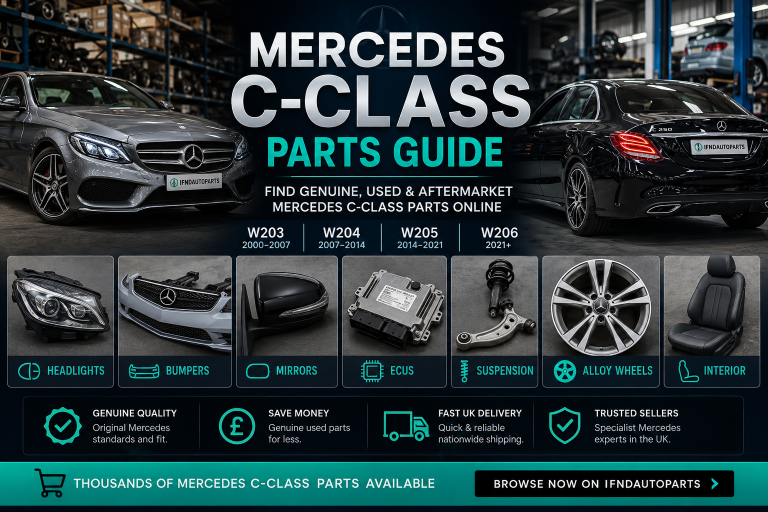 Mercedes C-Class Parts Guide featuring genuine, used and aftermarket Mercedes-Benz C-Class parts including headlights, bumpers, mirrors, ECUs, suspension components, alloy wheels and interior parts available from trusted UK sellers on ifndautoparts.