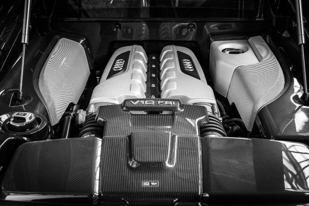 Engine V10 F21 modern sports car Audi R8. Black and white - one of the most hard-to-find car parts in the UK at the moment