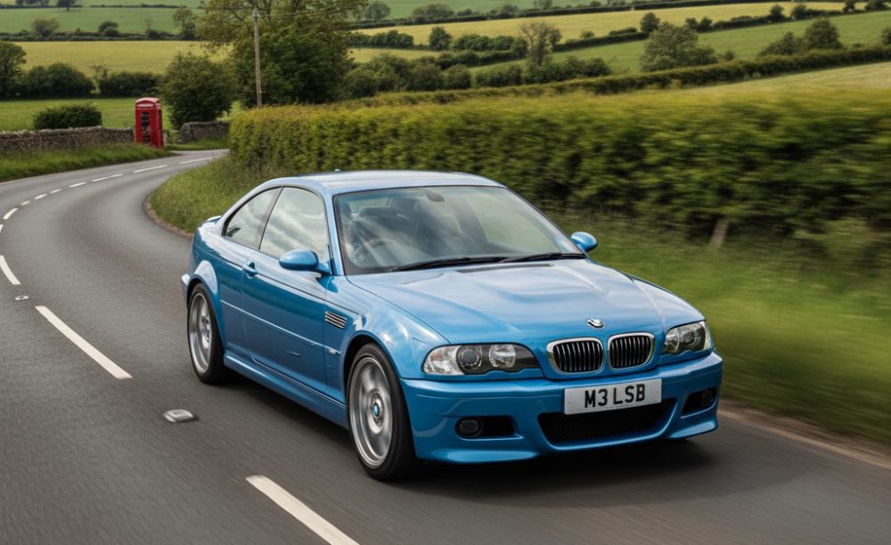 A blue BMW M3 on a British road